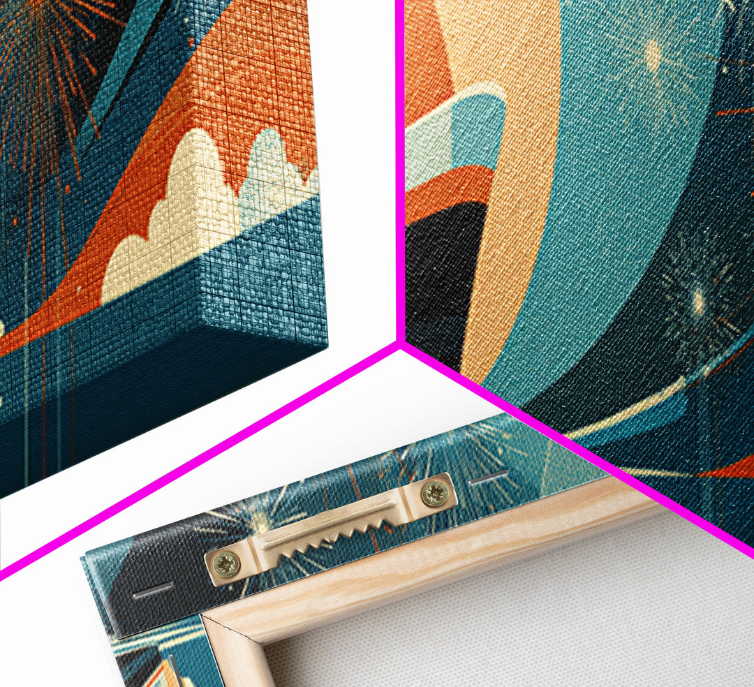 Retro Ocean Liner With Fireworks Wall Art, Mid Century Modern Travel Poster, Cruise Ship Decor, Framed Canvas Print Gift