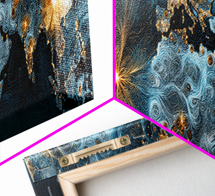 Blue Topographic World Map With Golden City Lights, Canvas Print, Modern Wall Art, Global Abstract Office Decor Poster Print