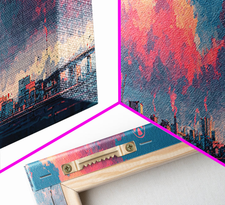 Pink Vapor Clouds Above Nuclear Plant Wall Art, Industrial Skyline Canvas Print, Retro Futuristic Modern Home Decor, Office Decor