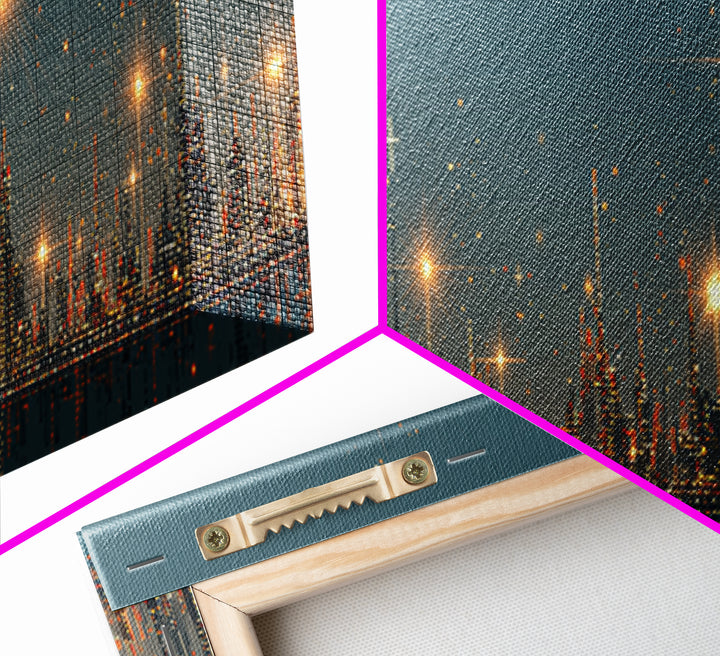 Golden Starbursts Over Night City Skyline Wall Art, Modern Abstract Art Print, Futuristic Urban Decor, Large Canvas Print
