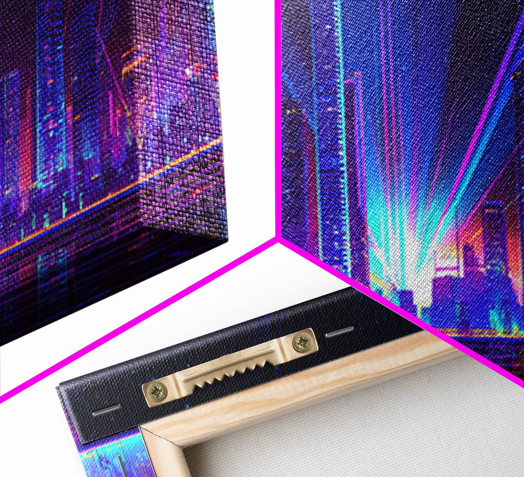 Neon Laser City Skyline At Night Wall Art, Cyberpunk Modern Art Print, Blue Purple Futuristic Decor, Large Canvas Print, Poster