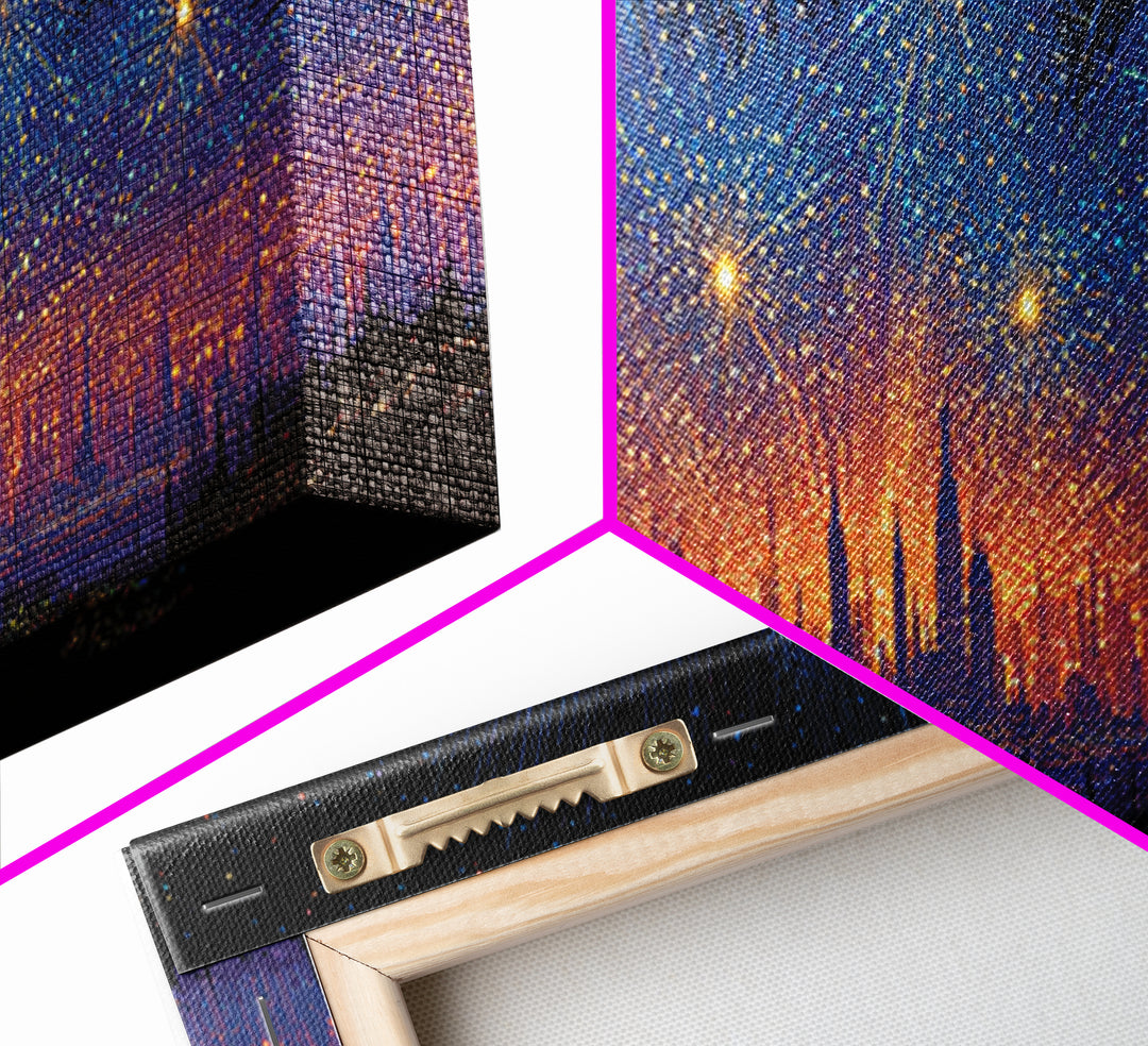 Starry Digital Fireworks Above Distant Skyline Wall Art, Modern Abstract Art Print, Futuristic Night Decor, Canvas Print