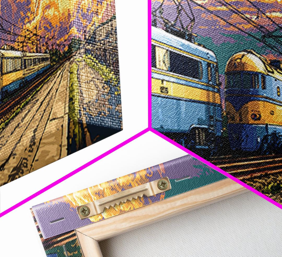 Blue Electric Trains Canvas Print, Atomic Explosion Rail Scene, Midcentury Modern Wall Art, Retro Sci Fi Travel Decor Poster