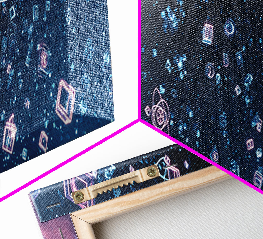Neon Geometric Shapes Floating In Starry Sky Wall Art, Retro Futuristic Poster, Modern Abstract Art, Blue Pink Decor Print