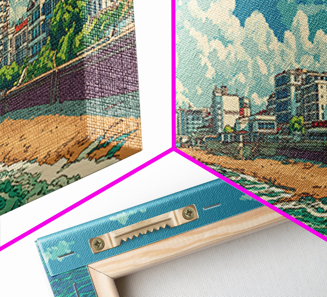 Sunny Coastal City Beach And Turquoise Sea Wall Art, Retro Travel Poster, Midcentury Modern Decor, Ocean Living Room Print