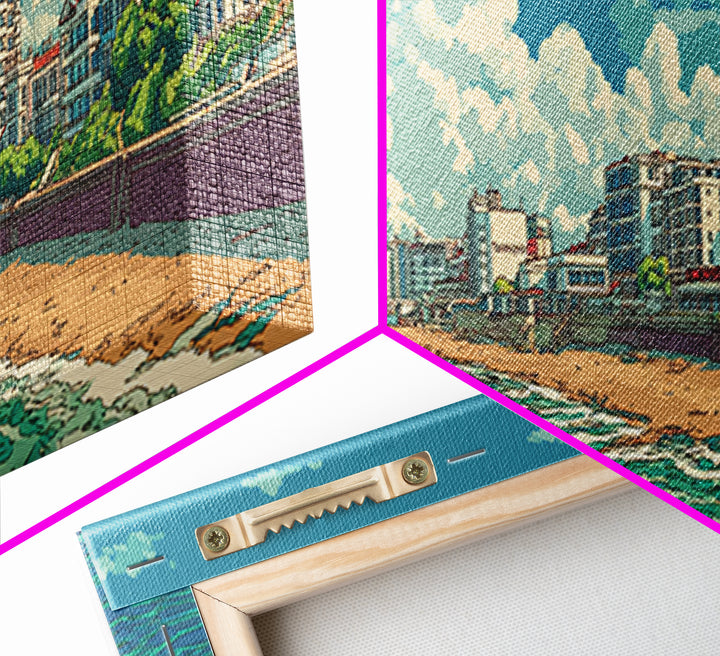 Sunny Coastal City Beach And Turquoise Sea Wall Art, Retro Travel Poster, Midcentury Modern Decor, Ocean Living Room Print