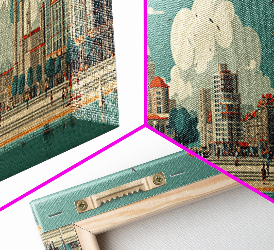 Retro Waterfront Promenade With Red Sun Wall Art, Midcentury Modern City Poster, Coastal Travel Print, Living Room Decor