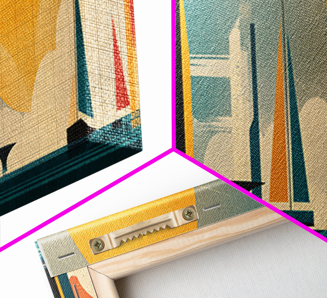 Futuristic Sailboat Skyline With Red And Yellow Suns Wall Art, Midcentury Modern Abstract Poster, Geometric Coastal Decor