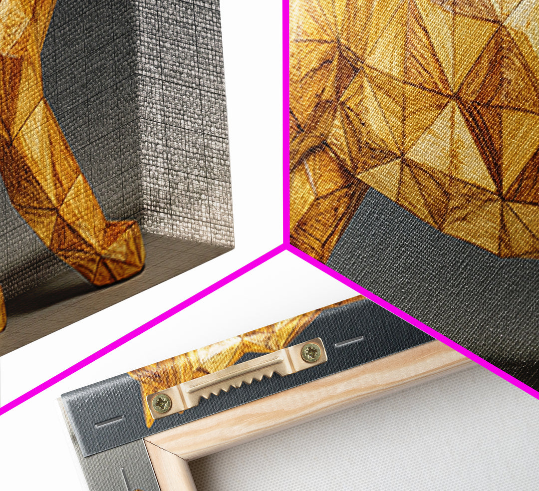 Golden Low Poly Panther Sculpture In Faceted Geometry, Framed Canvas Print, Modern Wall Art, Geometric Animal Decor Statement Poster