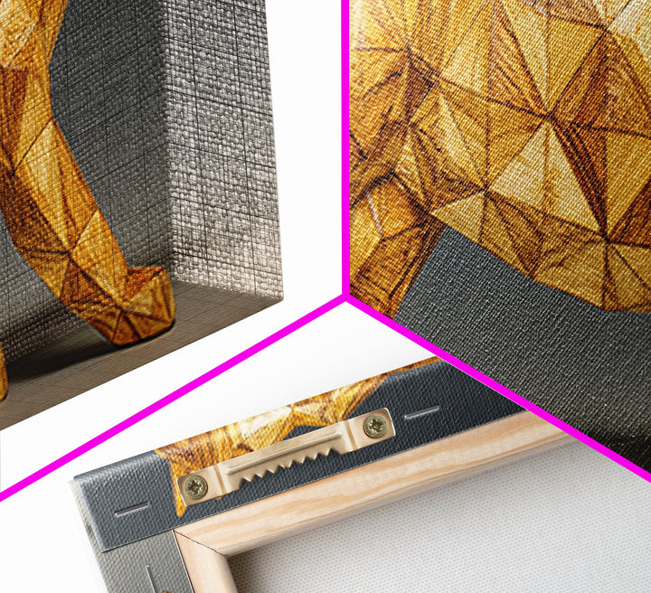 Golden Low Poly Panther Sculpture In Faceted Geometry, Framed Canvas Print, Modern Wall Art, Geometric Animal Decor Statement Poster