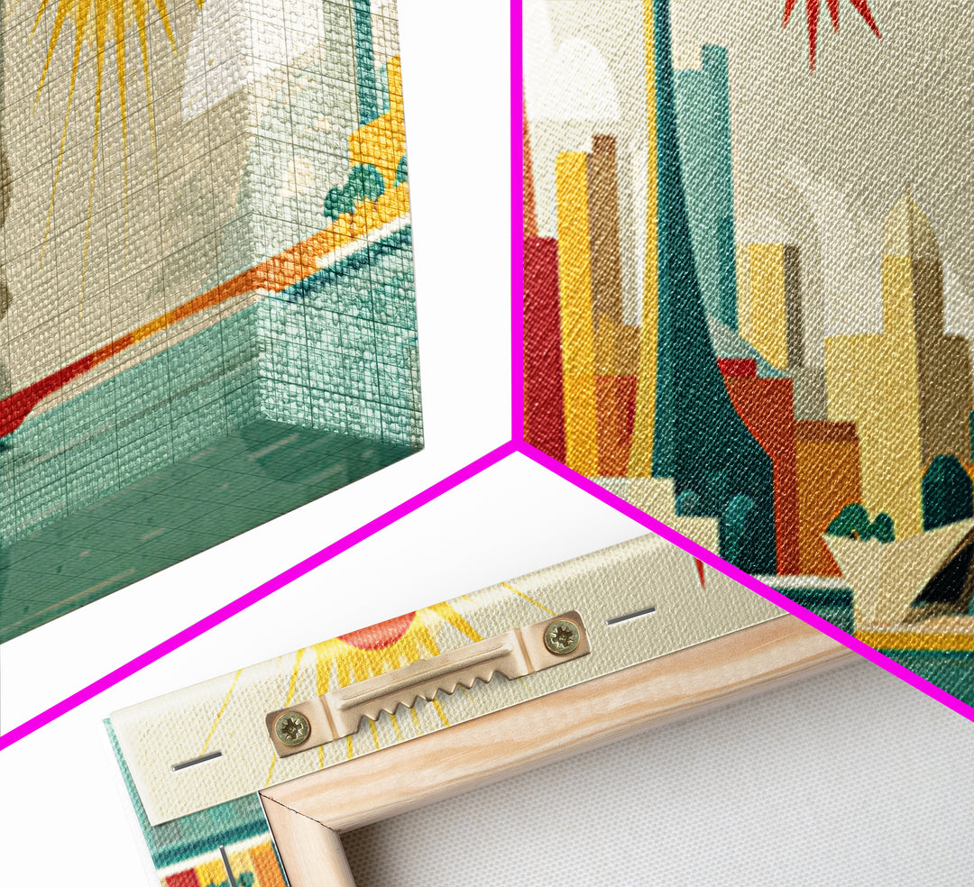 Modern Marina Skyline With Giant Sun Canvas Print, Midcentury Modern Wall Art, Retro Travel Poster, Coastal Home Decor Print