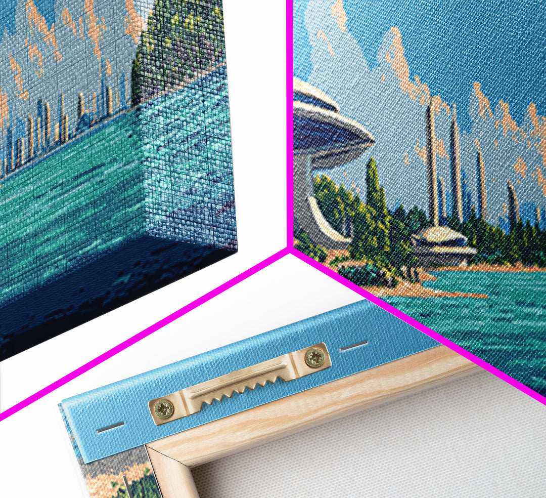 Retro Futuristic Seattle Skyline Large Canvas Print, Space Needle Wall Art, Midcentury Modern Decor, Sci Fi Travel Poster