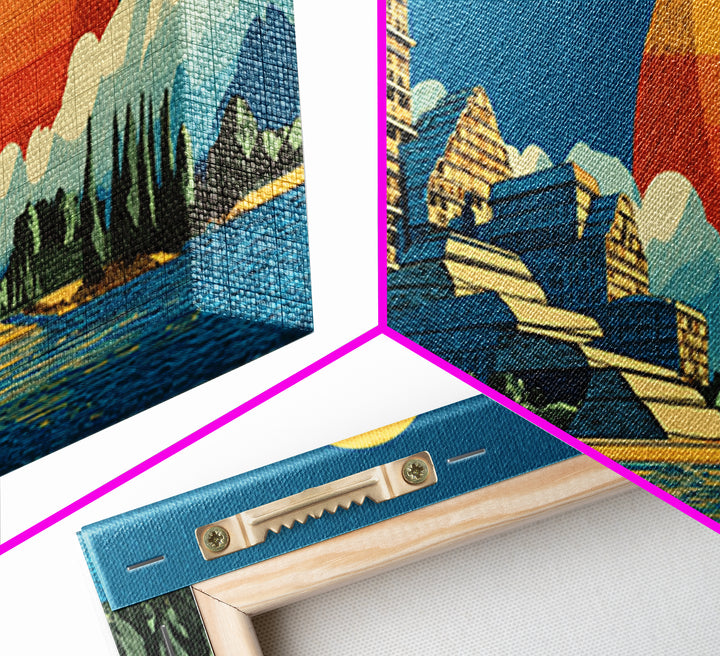 Mountain Lake Modernist Resort Wall Art, Midcentury Modern Canvas Print, Scenic Sunset Landscape, Large Retro Home Decor