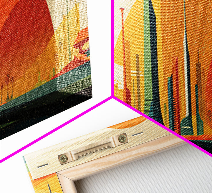 Futuristic Desert Skyline Canvas Print, Mid Century Modern Wall Art, Orange Sun Abstract Cityscape, Retro Sci Fi Poster Decor