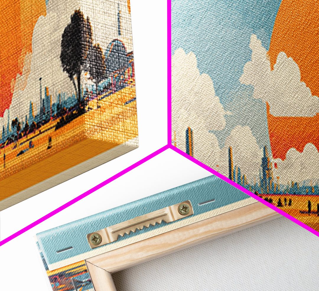 Retro Futuristic Expo Skyline Wall Art, Midcentury Modern Canvas Print, Orange Sun Space Age Architecture Large Poster Decor