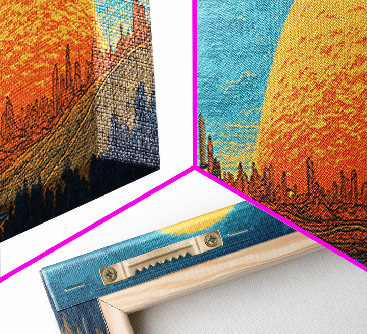Alien Desert City Sunset Wall Art, Retro Futuristic Canvas Print, Mid Century Modern Sci Fi Landscape, Orange Sun Poster Decor