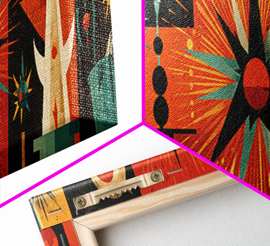 Orange Teal Atomic Sunburst Canvas Print, Midcentury Modern Geometric Space Age Poster, Bold MCM Wall Decor For Office Home