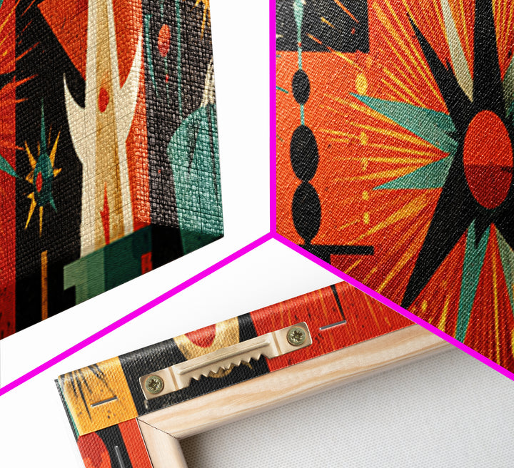 Orange Teal Atomic Sunburst Canvas Print, Midcentury Modern Geometric Space Age Poster, Bold MCM Wall Decor For Office Home