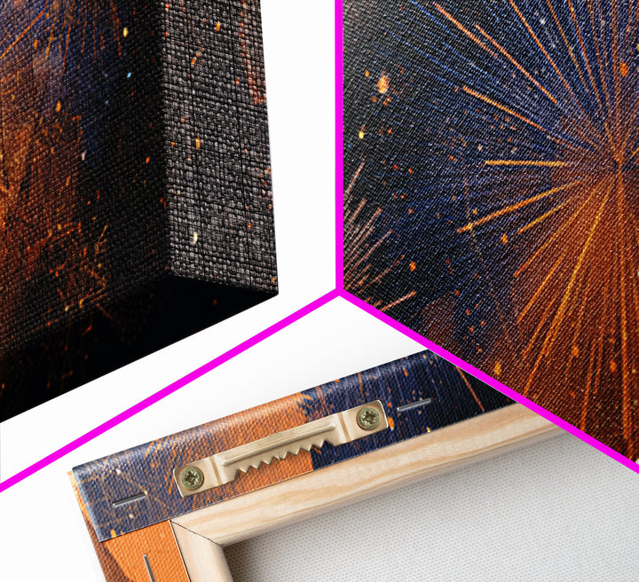 Orange Gold Firework Night Sky Canvas Print, Modern Abstract Celestial Wall Decor, Cosmic Retro Art For Living Room Poster