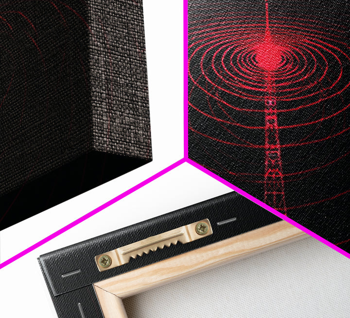 Red Radio Tower With Concentric Signal Rings Wall Art, Futuristic Retro Abstract Print, Modern Wall Decor, Large Sci Fi Retro Art