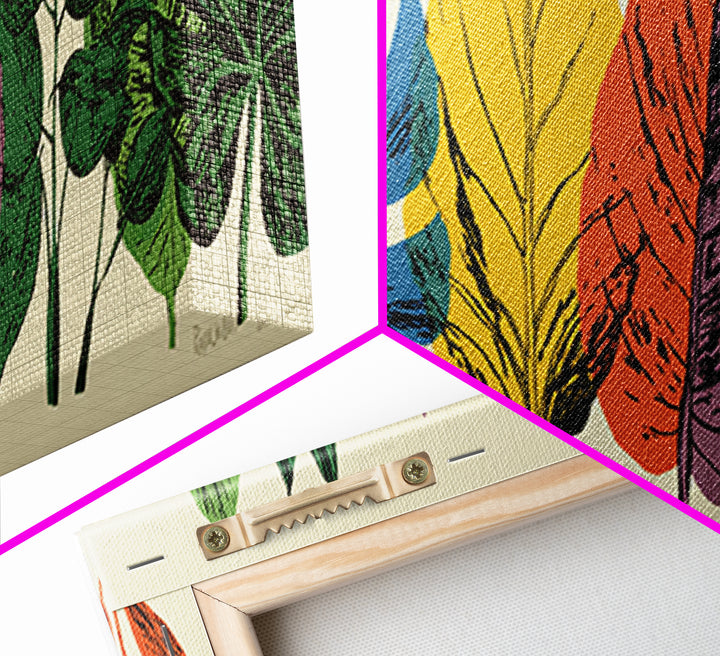 Colorful Tropical Leaf Row Framed Canvas Print, Midcentury Modern Botanical Wall Art, Retro Home Decor, Bold Nature Poster