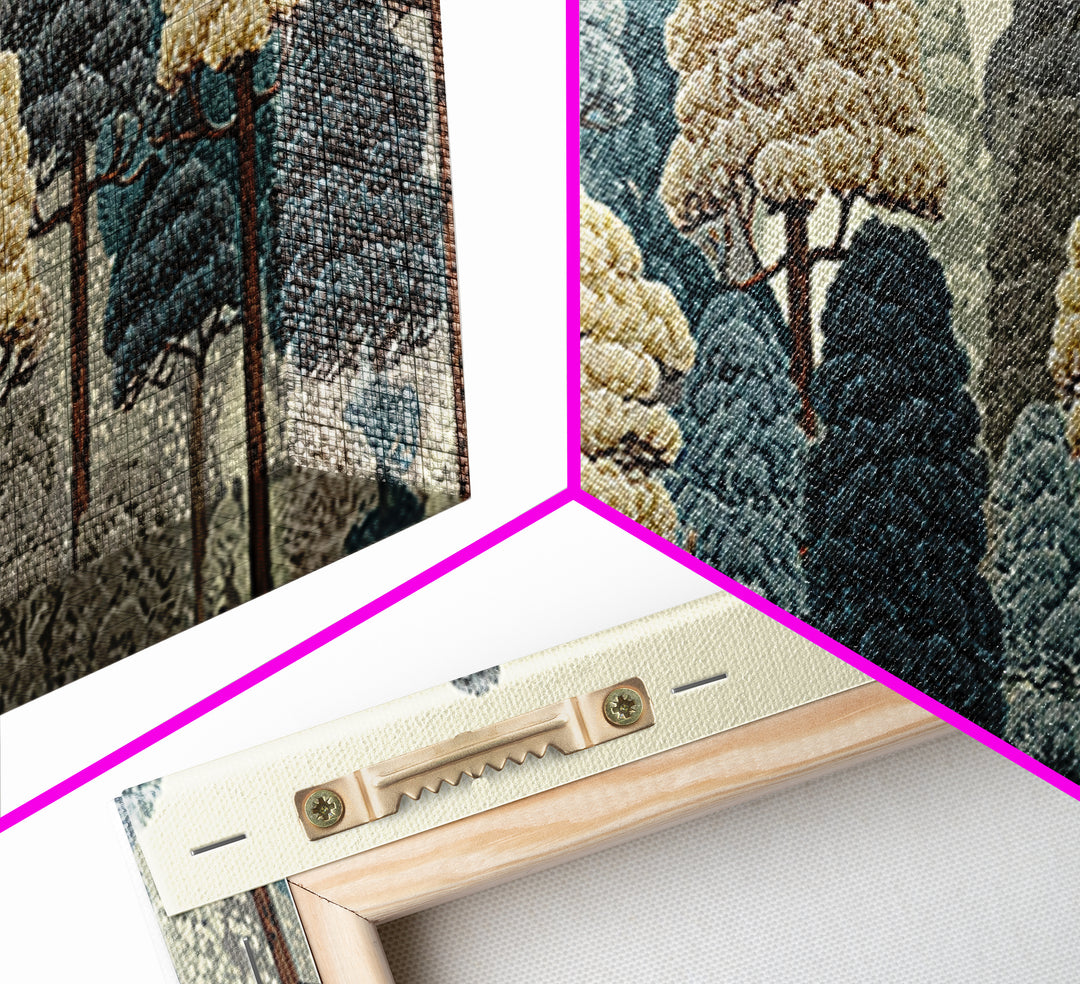 Layered Woodland Trees In Blue And Cream Wall Art, Scenic Nature Print, Midcentury Modern Decor, Large Rustic Forest Poster