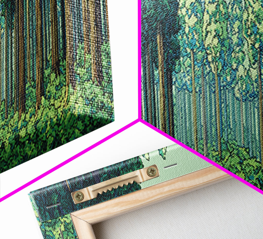 Emerald Forest Path With Tall Pines Framed Canvas Print, Nature Wall Art, Modern Home Decor, Green Scenic Woodland Poster