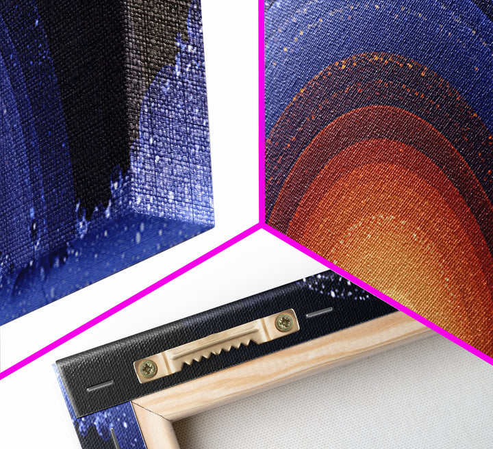 Starry Cosmic Sunrise Arc Wall Art, Midcentury Modern Space Abstract Print, Orange Blue Galaxy Decor, Retro Canvas Poster
