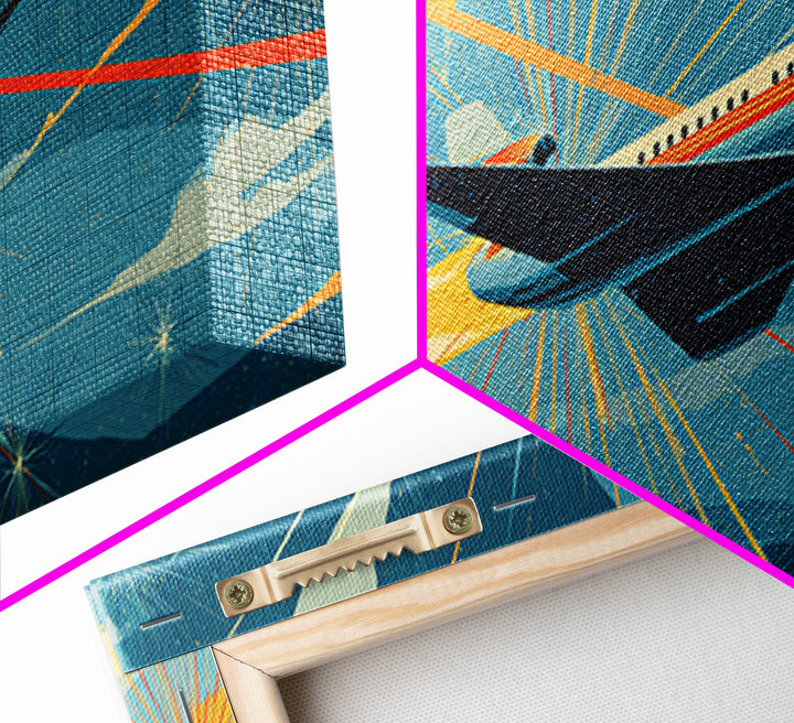 Jetliner Over Geometric Sunburst Canvas Print, Midcentury Modern Wall Decor, Retro Travel Poster, Atomic Aviation Art Gift