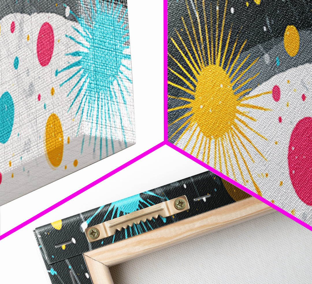 Playful Atomic Dots And Starbursts Wall Art, Midcentury Modern Abstract Poster, Colorful Retro Decor, Kids Room Print Gift