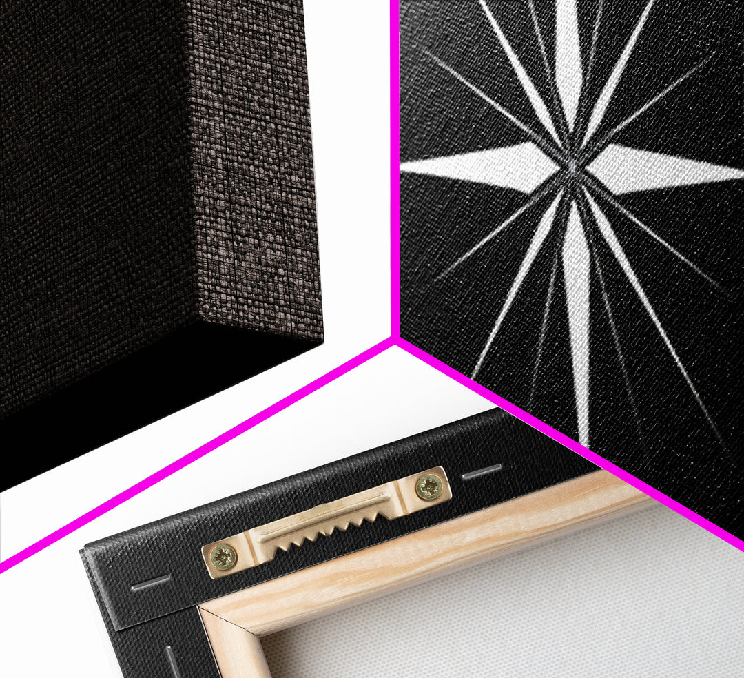 White Atomic Starburst On Black Wall Art, Midcentury Modern Geometric Print, Minimalist Retro Wall Decor, MCM Home Office Art