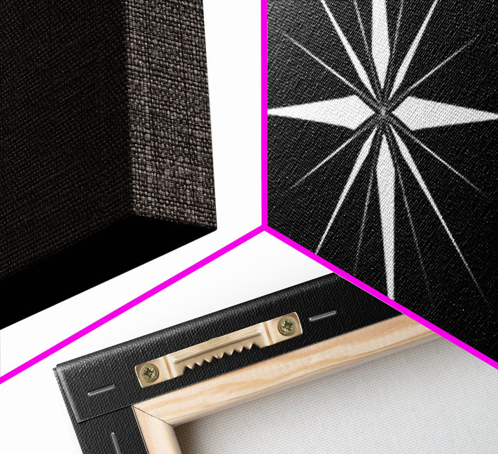 White Atomic Starburst On Black Wall Art, Midcentury Modern Geometric Print, Minimalist Retro Wall Decor, MCM Home Office Art