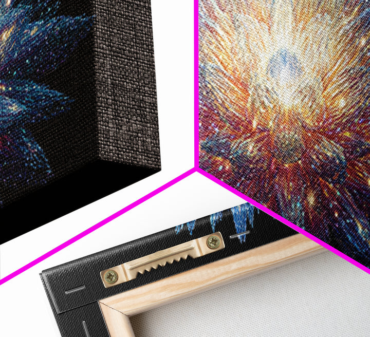 Glowing Cosmic Crystal Bloom Wall Art, Modern Abstract Art Print, Space Abstract Art, Blue Black Living Room Wall Decor Prints