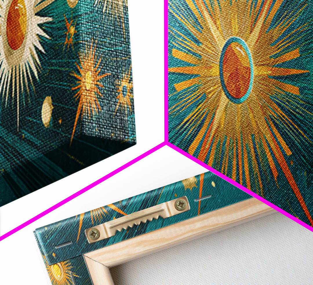 Teal Gold Celestial Sunburst Planets Wall Art, Modern Abstract Art Print, Art Deco Poster, Geometric Wall Decor, MCM Home Decor