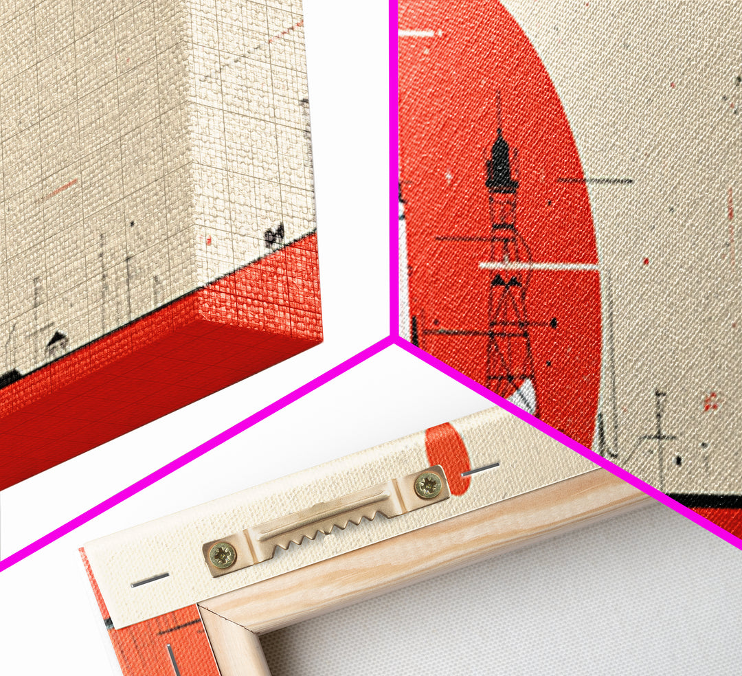 Minimal Red Rocket On Launch Pad Wall Art, Midcentury Modern Space Poster, Atomic Orange Sun Decor, Retro MCM Print Gift