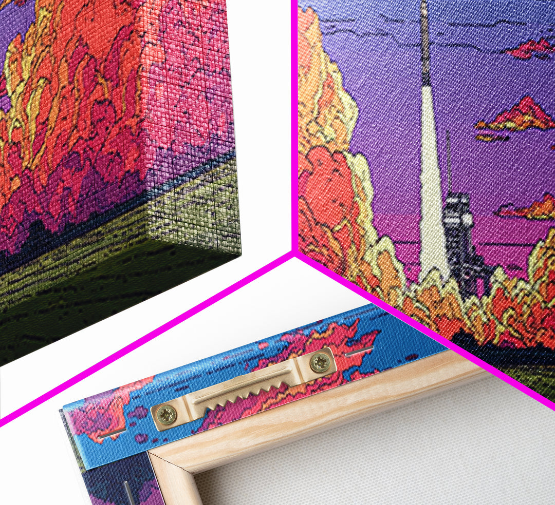 Pink Cloud Rocket Launch At Sunset Wall Art, Midcentury Modern Space Poster, Retro Sci Fi Landscape, Colorful MCM Decor Print