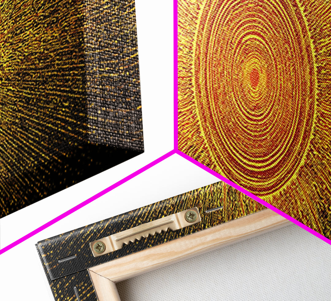Golden Radiant Mandala Sun Canvas Print, Abstract Space Wall Art, Midcentury Modern Decor, Spiritual Geometric Poster Gift