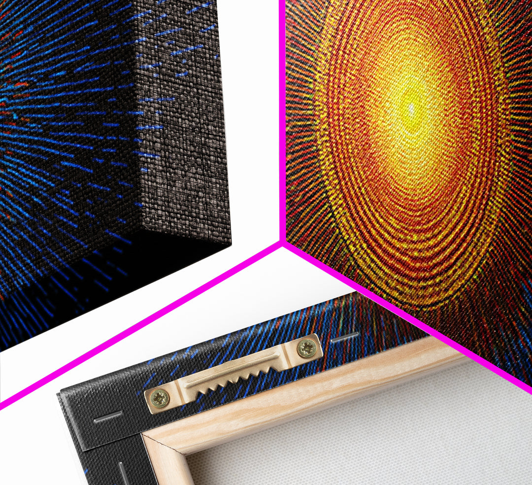 Blue And Orange Radiant Solar Burst Canvas Print, Abstract Space Wall Art, Midcentury Modern Poster, Bold Geometric Decor