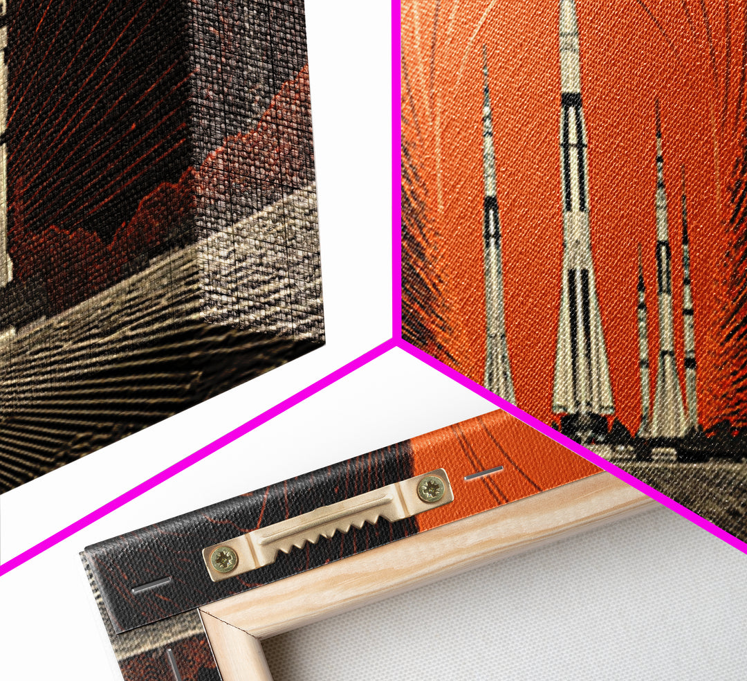 Orange Spaceport Rockets Framed Canvas Print, Midcentury Modern Wall Art, Retro Sci Fi Poster, Atomic MCM Wall Decor, Modern Home Decor