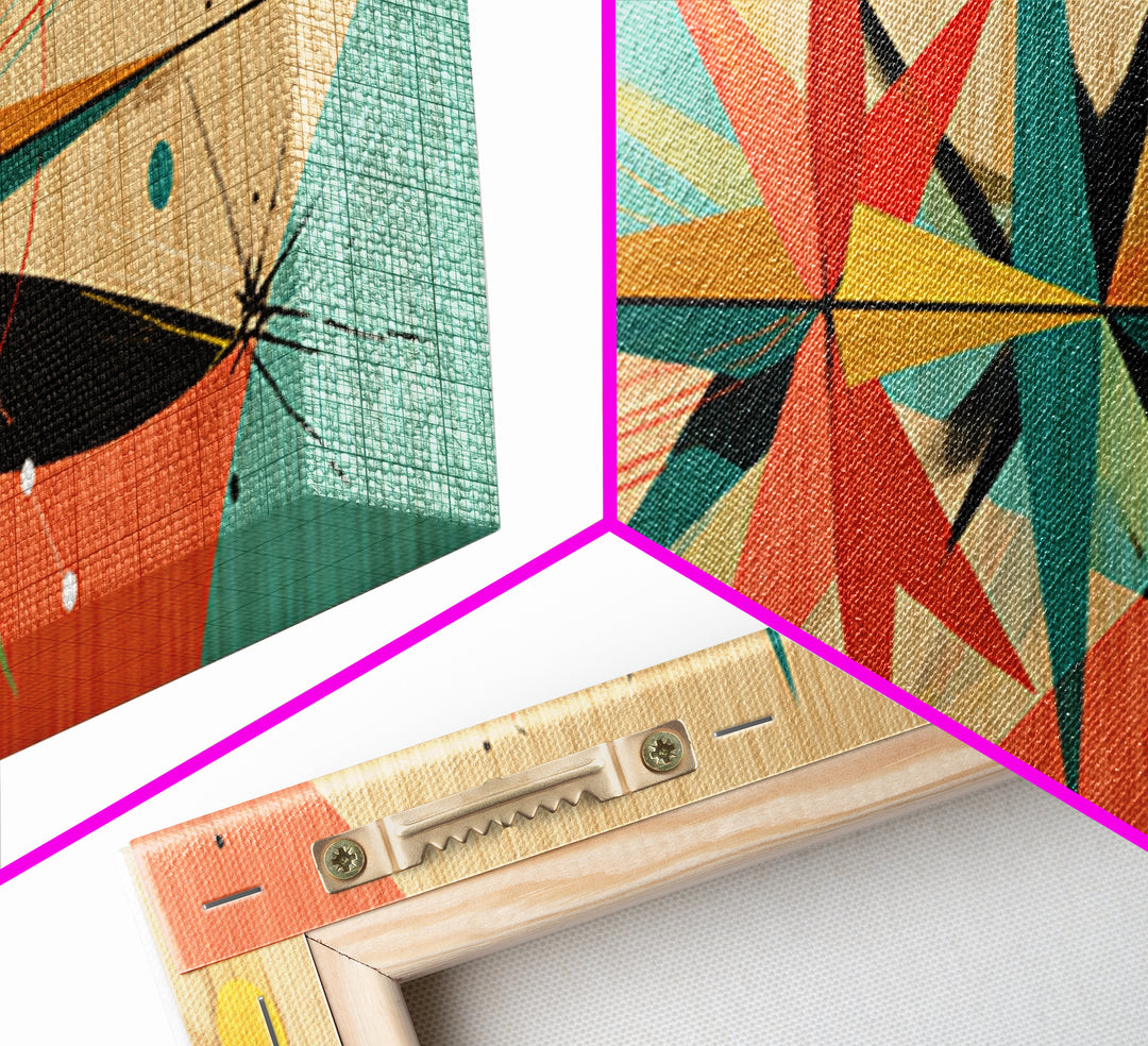 Retro Atomic Starburst On Wood Framed Canvas Print, Mid Century Modern Art, Boho Geometric Wall Decor For Office Or Den
