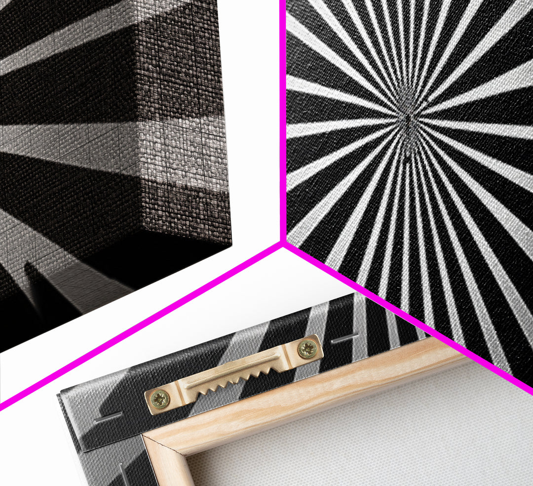 Black And White Radial Op Art Canvas Print, Mid Century Modern Geometric Wall Art, Minimalist Retro Decor For Office Or Den