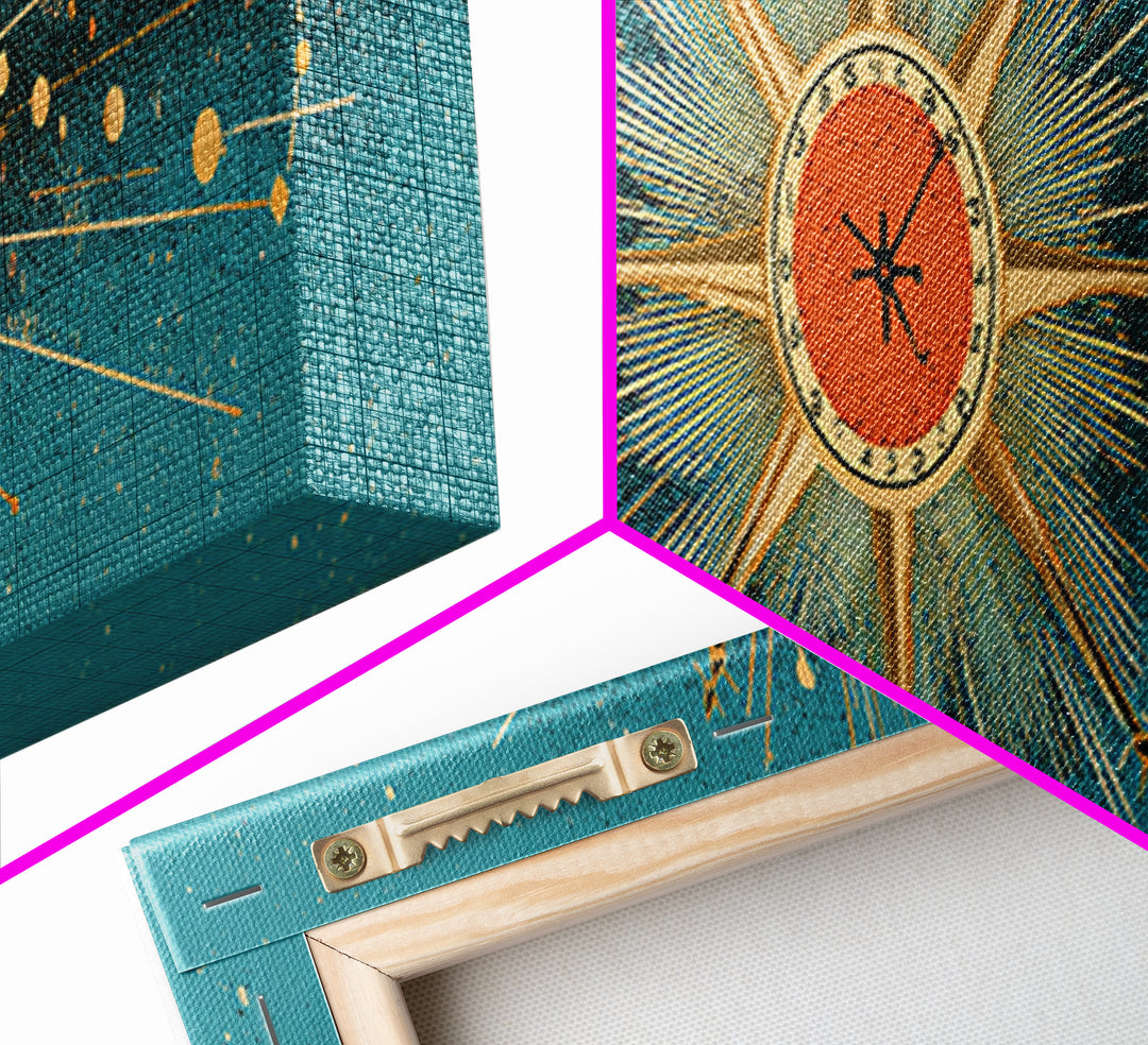 Teal Atomic Clock Sunburst Canvas Print, Mid Century Modern Wall Art, Retro Geometric Office Decor, Turquoise Mcm Print Gift