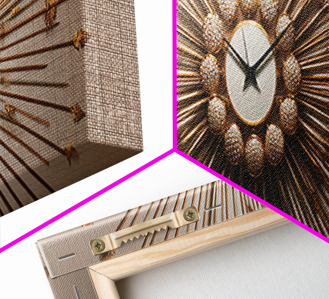 Gold Sunburst Clock Sculpture Framed Canvas Print, Mid Century Modern Wall Art, Hollywood Regency Decor For Living Room