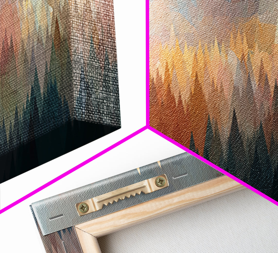 Misty Triangle Forest And Mountain Wall Art, Midcentury Modern Decor, Geometric Landscape Print, Teal Orange Home Decor Art