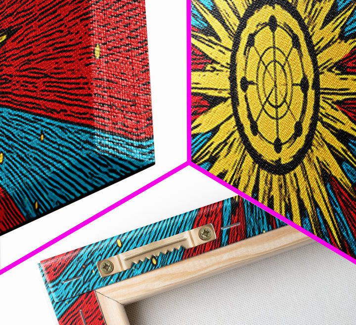 Radiant Atomic Sunburst And Orbiting Stars Canvas Print, Mid Century Modern Wall Art, Retro Space Decor, Bold MCM Poster