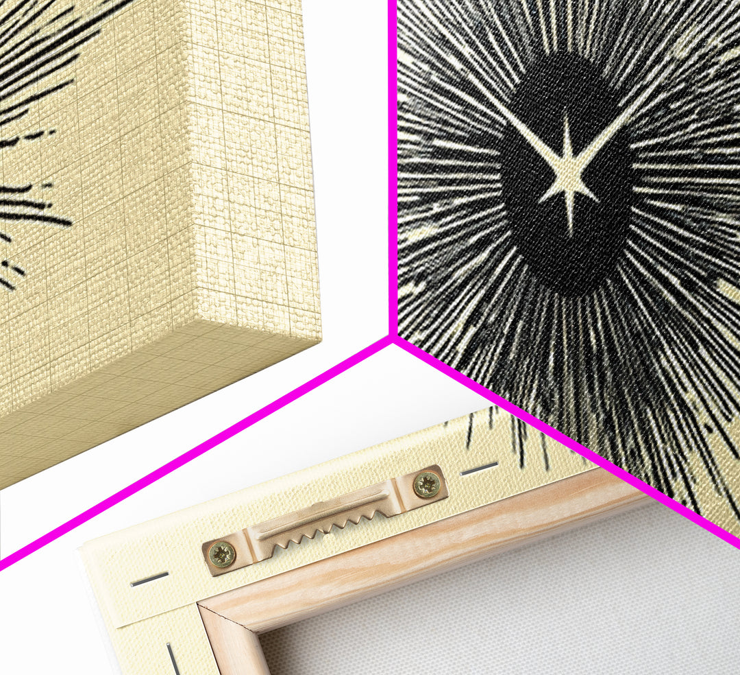 Black Starburst Atomic Eye Canvas Print, Mid Century Modern Wall Art, Minimalist Retro Poster, Beige Space Age Home Decor