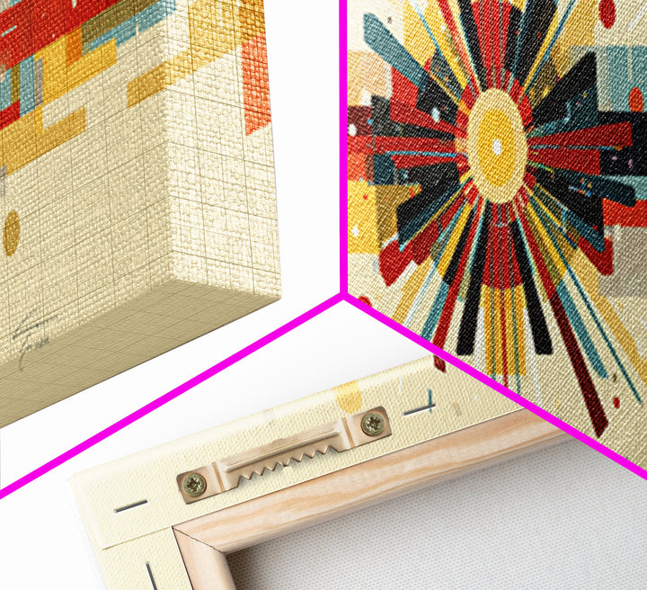 Geometric Atomic Burst With Circles And Lines Canvas Print, Mid Century Modern Wall Art, Bauhaus Poster, Colorful Decor Print