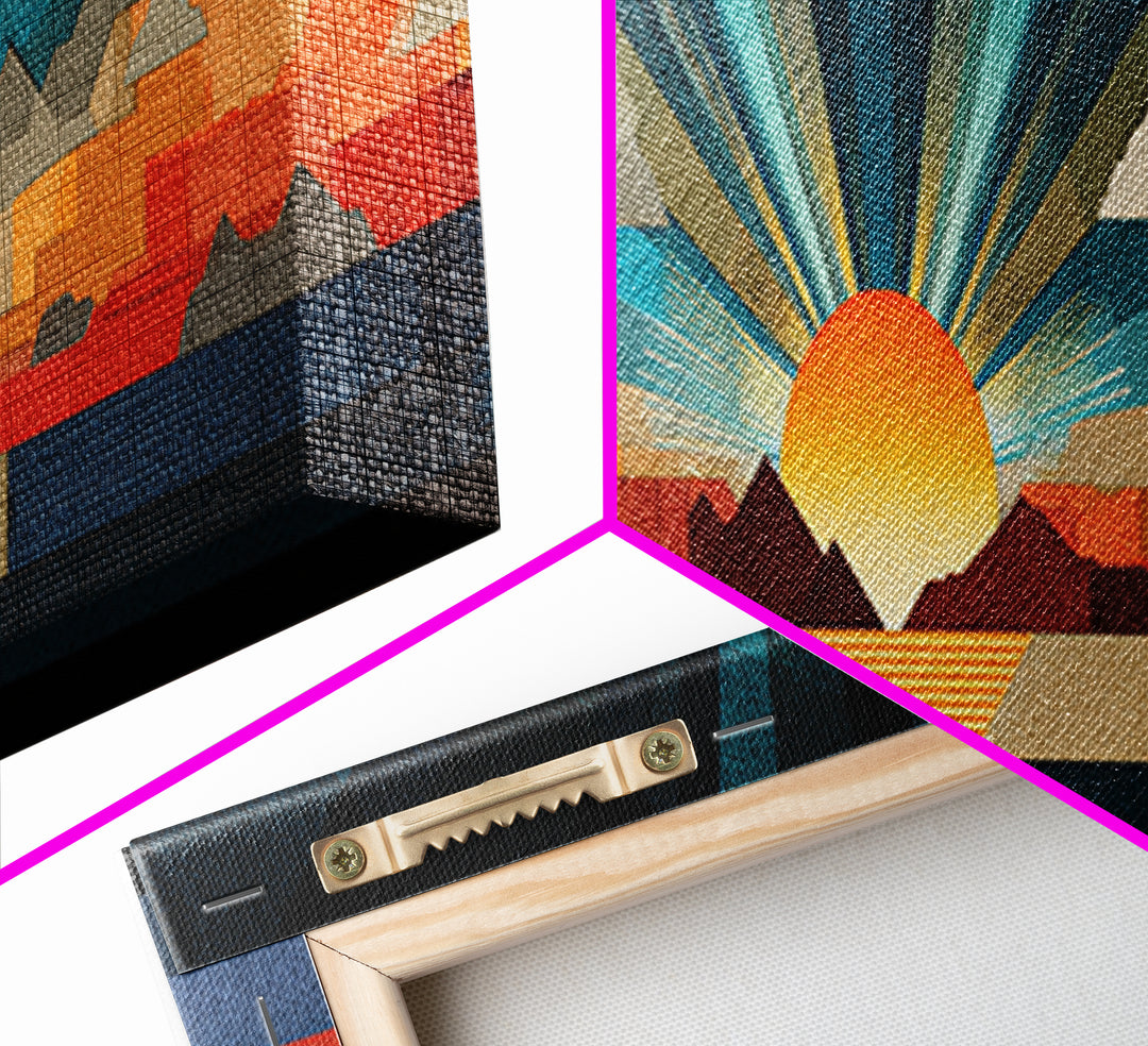 Art Deco Sunrise Mountain Landscape Wall Art, Midcentury Modern Canvas Print, Bold Geometric Retro Living Room Decor Poster