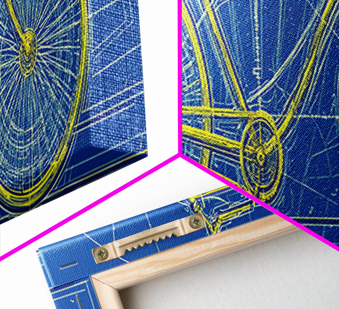 Blue Yellow Bicycle Blueprint Canvas Print, Mid Century Modern Wall Art, Cycling Poster, Geometric Retro Office Decor Gift