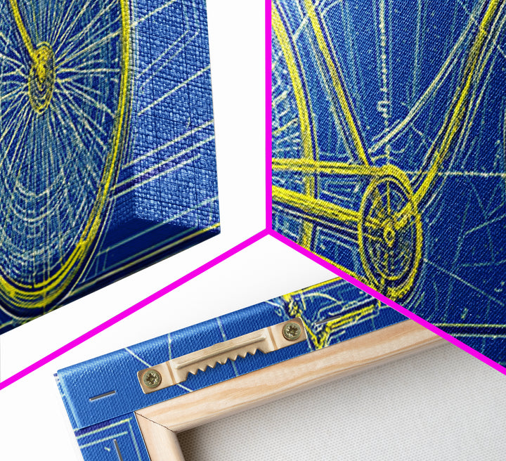 Blue Yellow Bicycle Blueprint Canvas Print, Mid Century Modern Wall Art, Cycling Poster, Geometric Retro Office Decor Gift